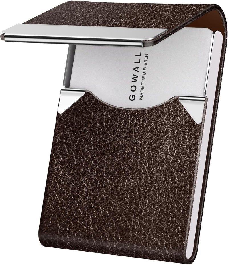 GOWALL Business Card Holder with Magnetic Closure, Slim Metal PU Business Card Case for Men Women, 3.7 x 2.3 inches RFID Blocking Credit Cards Holder for Pocket or Bag Storage, Coffee - Image 1